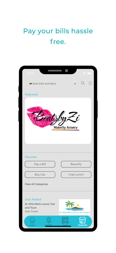 JAD Cash - Interface of JAD Cash app for bill payments and exploring local vendors in Saint Kitts and Nevis