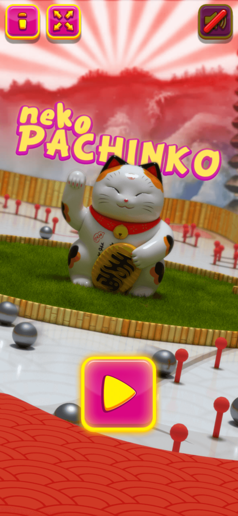 Pachinko Neko - 행운의 고양이 캐릭터와 플레이 버튼이 특징인 파칭코 네코 모바일 게임 메인 메뉴
