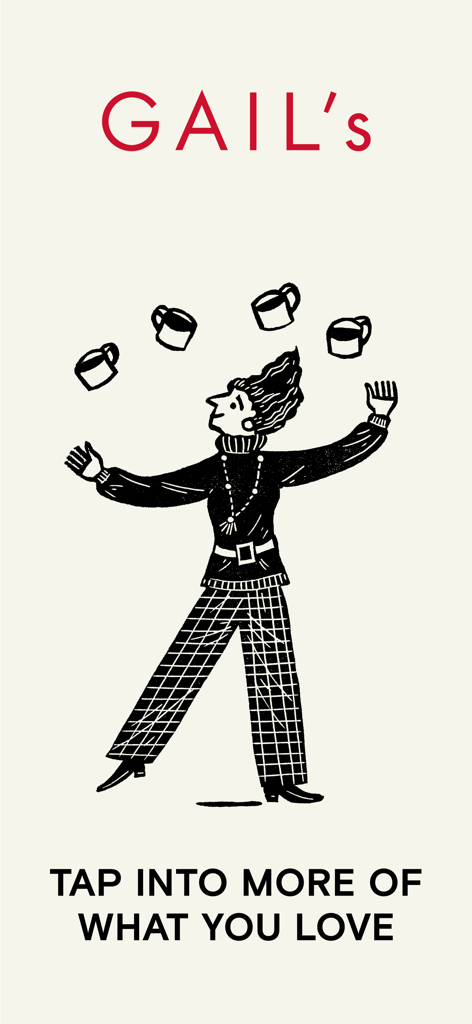 GAIL's Bakery - Una schermata introduttiva per l'app mobile GAIL's Bakery con il logo del marchio e un'illustrazione creativa di una persona che fa jonglerie con tazze di caffè.