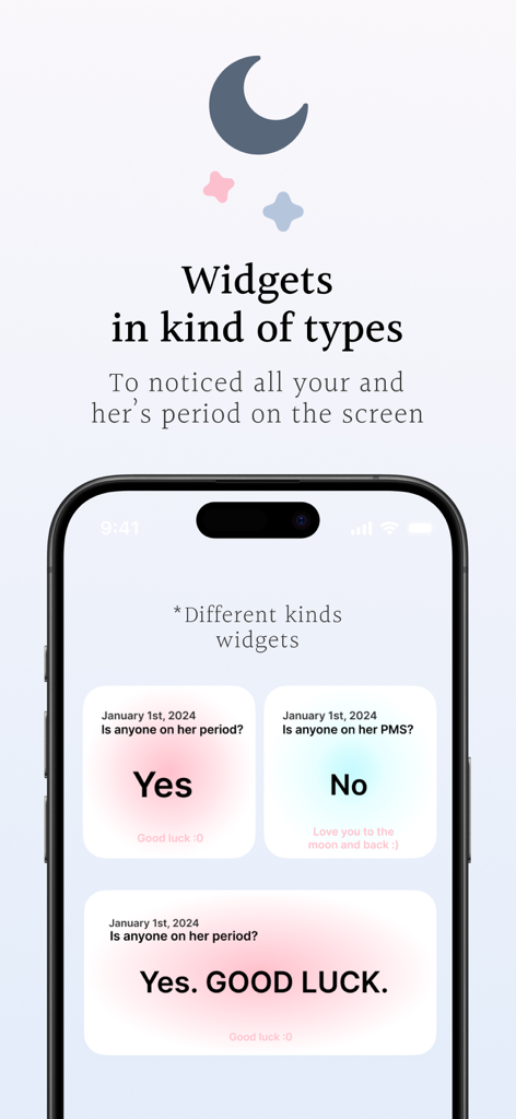 Hers - Period record - iPhone用の美的な月経トラッカーウィジェットで、月経周期とPMSのステータスがホーム画面に表示されています