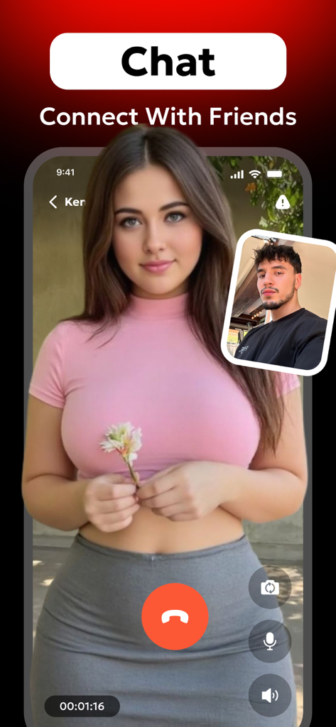 User interface of the Aibik app showing a live video call between a man and a woman