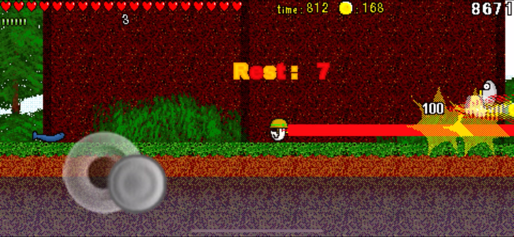 A small white bird character fires a powerful red laser beam at an enemy in a retro pixel art action game.