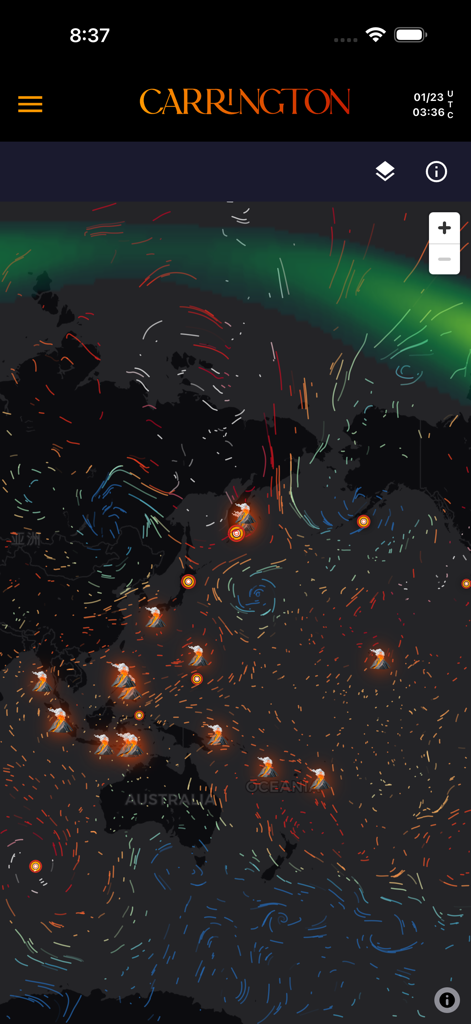 Carrington - Interactive world map in the Carrington app showing real-time volcanic activity and aurora patterns.