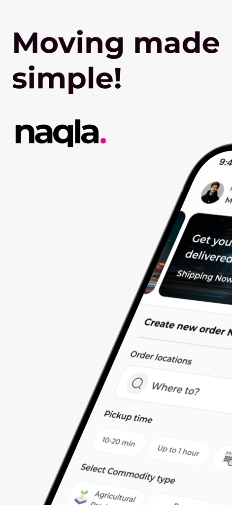 Pantalla de la aplicación móvil Naqla que muestra la interfaz de creación de nuevo pedido para solicitar un camión