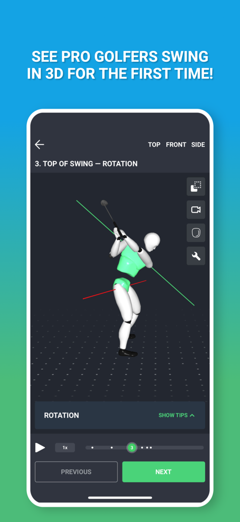 4D Motion - A 3D biomechanical model of a golfer's swing at the top of the rotation shown on a smartphone app screen.