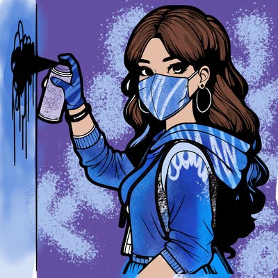 realistic girl with mask spray painting a wall