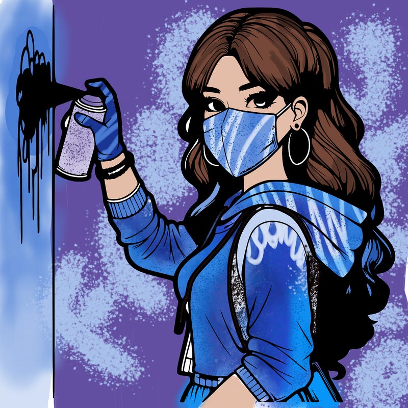 realistic girl with mask spray painting a wall