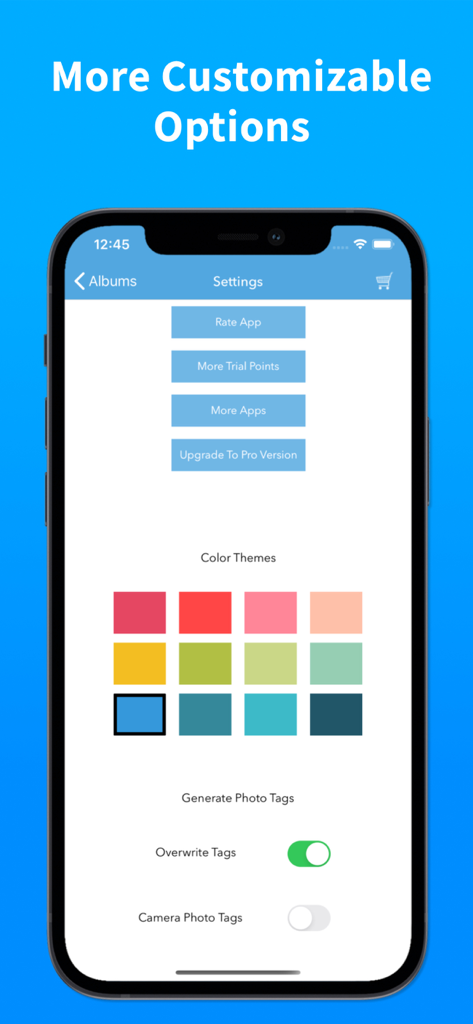 Photo Album Private Manager - Photo Album Private Manager settings screen showing color themes and customizable photo tag options