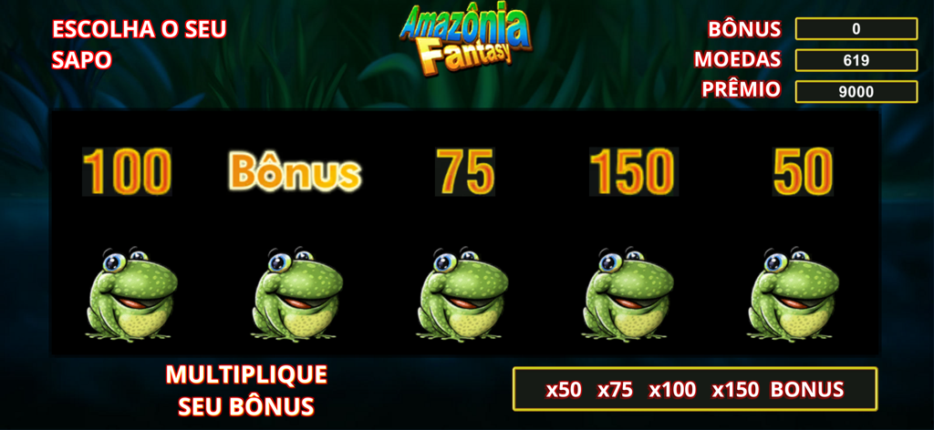 Halloween Caça Níquel - Bonus mini game screen featuring five green frogs and point multipliers
