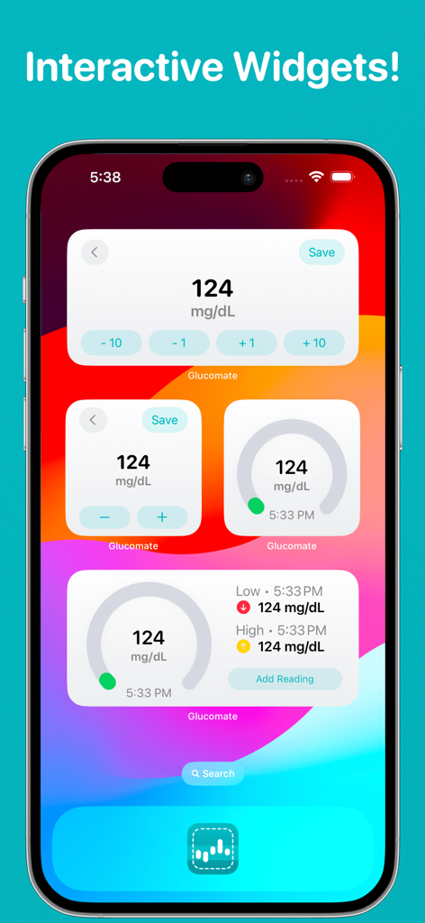 Glucomate: Glucose Tracker - iPhone home screen showing Glucomate interactive widgets for blood glucose tracking and quick data entry