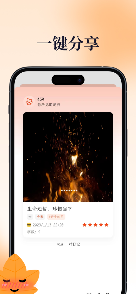 一叶日记·极简卡片日记 - One Leaf Diary app screenshot showing the one-click sharing feature with a minimalist journal card entry