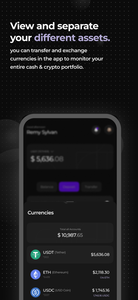 A dark-themed mobile app interface displaying a digital wallet with various cryptocurrency assets and total balance.