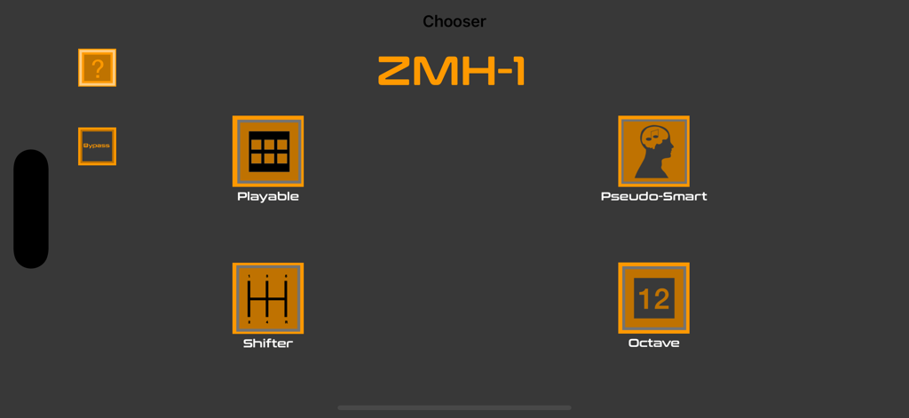 Tela principal do aplicativo ZMH-1 mostrando os modos Playable Pseudo-Smart Shifter e Octave
