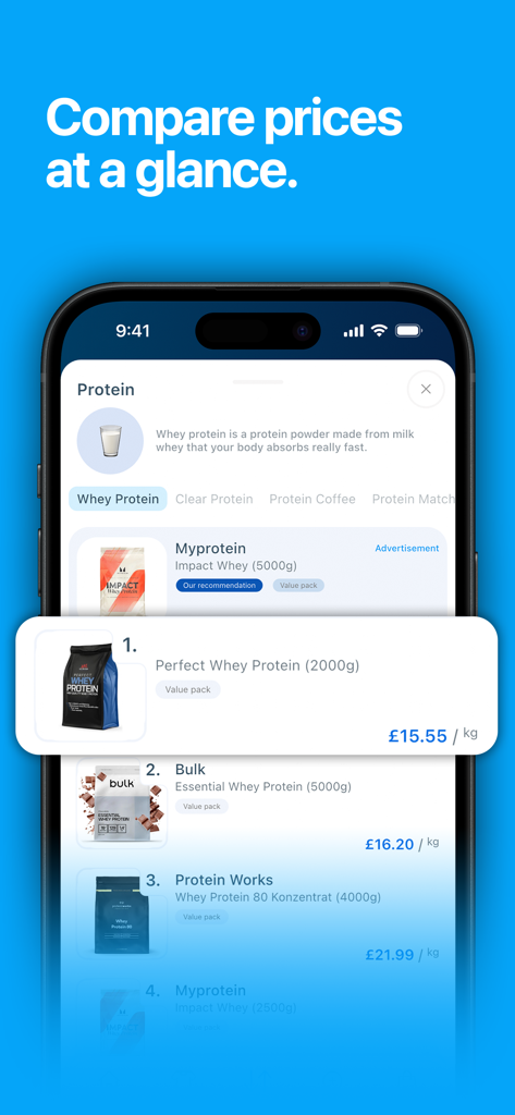 DROPTIME - the Supplement App - DROPTIME app interface comparing prices for different whey protein supplements