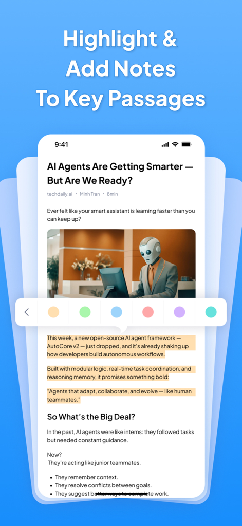 ReadLater: GoodLinks Pro - Una pantalla de smartphone que muestra un artículo con texto resaltado en amarillo y una barra de selección de color para anotaciones en la aplicación ReadLater.