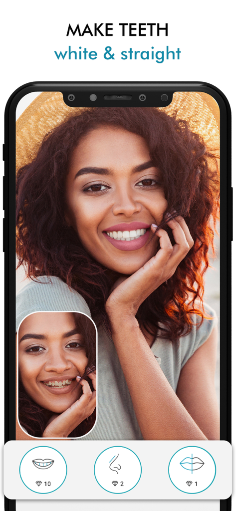 Fix The Photo Body Editor&Tune - Before and after comparison of a professional teeth whitening and straightening edit on a woman's smile