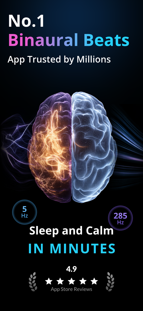 Binaural Beats Healing Sleep - Stylized brain illustration with orange and blue light showing brainwave frequencies for sleep and calm