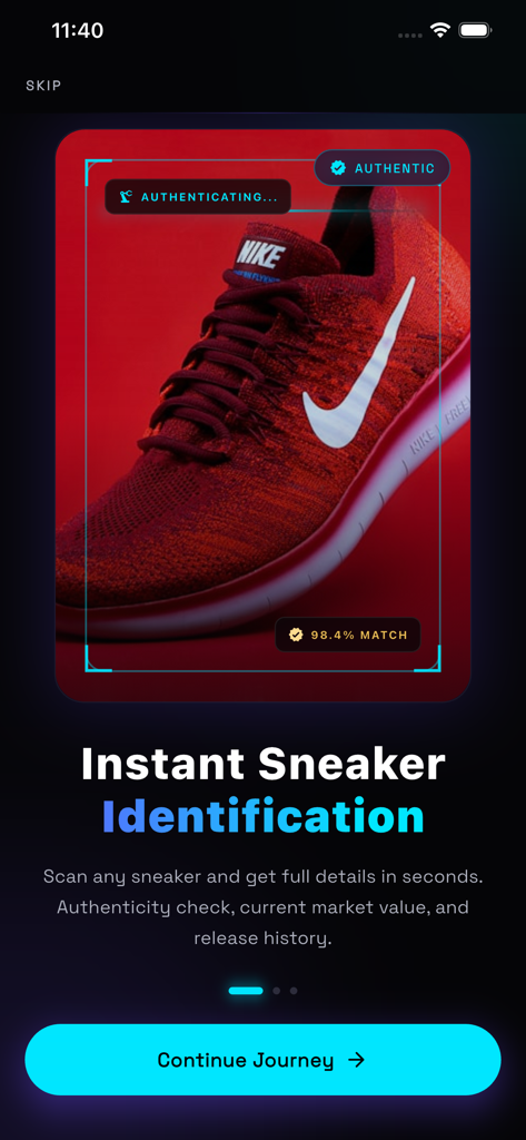 Sneaker Scanner app screen displaying instant AI shoe identification and authenticity check for a red sneaker