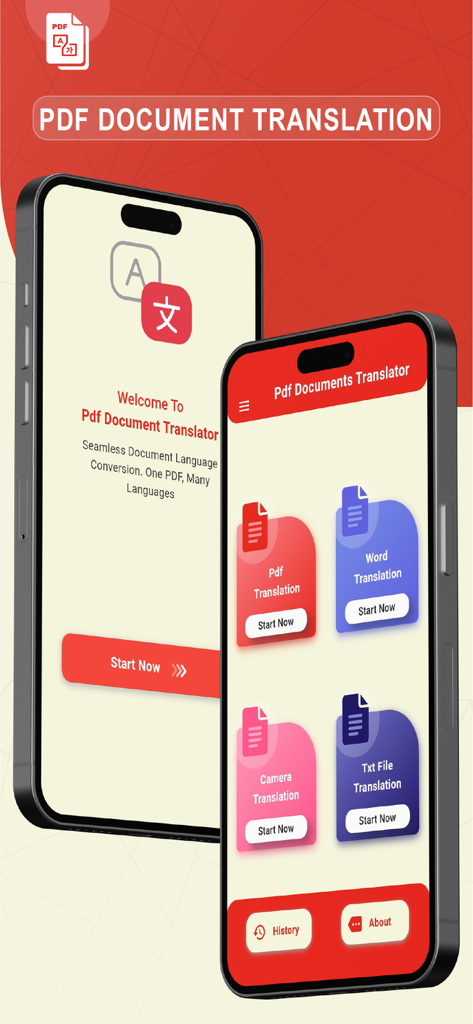 Pdf Documents Translator - PDFドキュメント翻訳のウェルカムページとメインメニュー、PDF、Word、カメラ翻訳のオプションを示すモバイルアプリの画面