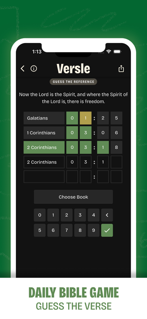 Versle | Daily Bible Game - Una captura de pantalla del juego de la aplicación Versle donde un usuario adivina la referencia de un versículo bíblico basándose en una escritura proporcionada.