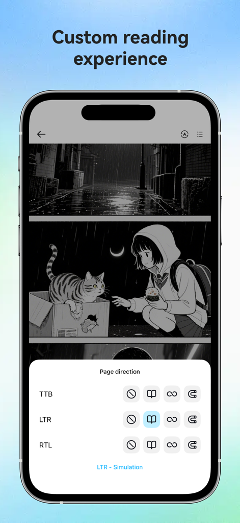 Ice Comic app interface showing manga page direction settings and custom reading options on a smartphone