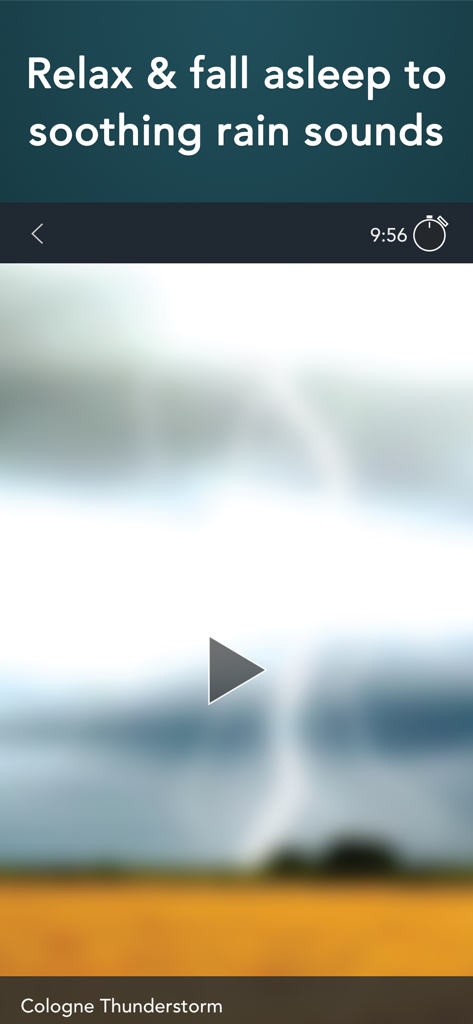 Rain Sounds HQ app screen showing a play button over a blurred field for the Cologne Thunderstorm sound with a sleep timer