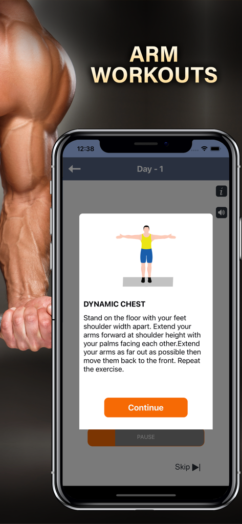 ArmWorkout Celebrity Challenge - ArmWorkout Celebrity Challenge app displaying dynamic chest exercise instructions on a smartphone screen