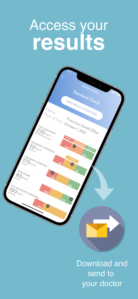 zennya health - Una interfaz móvil de zennya health que muestra resultados de laboratorio médico como niveles de colesterol con una opción para enviar el informe a un médico