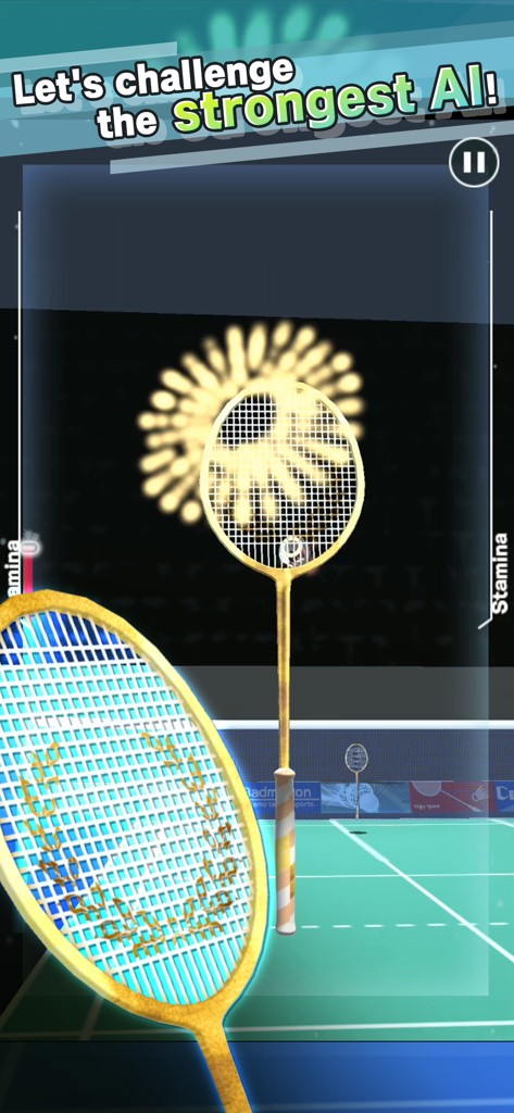 Badminton 3Ｄ - A first person gameplay view of Badminton 3D showing a racket on a green court with the text Let s challenge the strongest AI