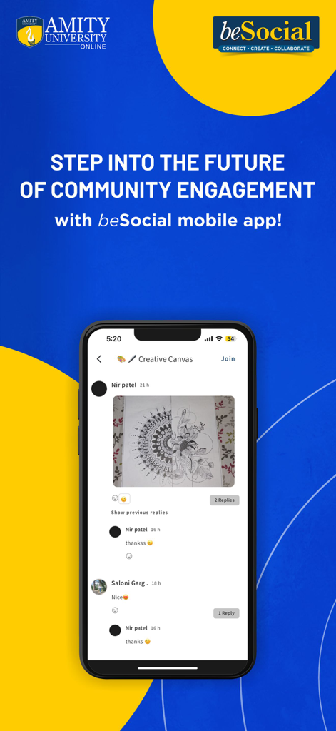 beSocial at Amity Online - Smartphone displaying the beSocial app with a creative canvas post featuring student artwork and comments.