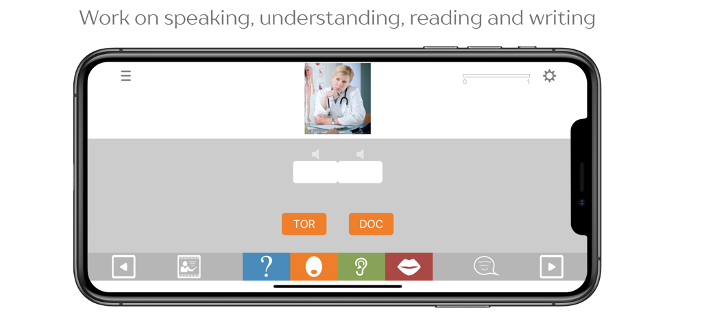 Interfaz de la aplicación Cuespeak que muestra un ejercicio de logopedia para la recuperación de la afasia