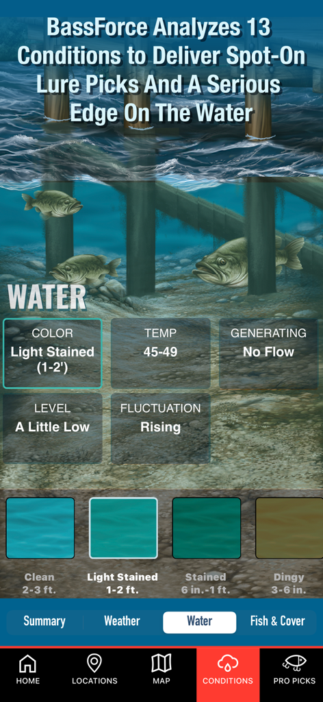 BassForce: Bass Fishing Guide - BassForce app interface displaying water conditions analysis including color temperature and level for bass fishing lure recommendations