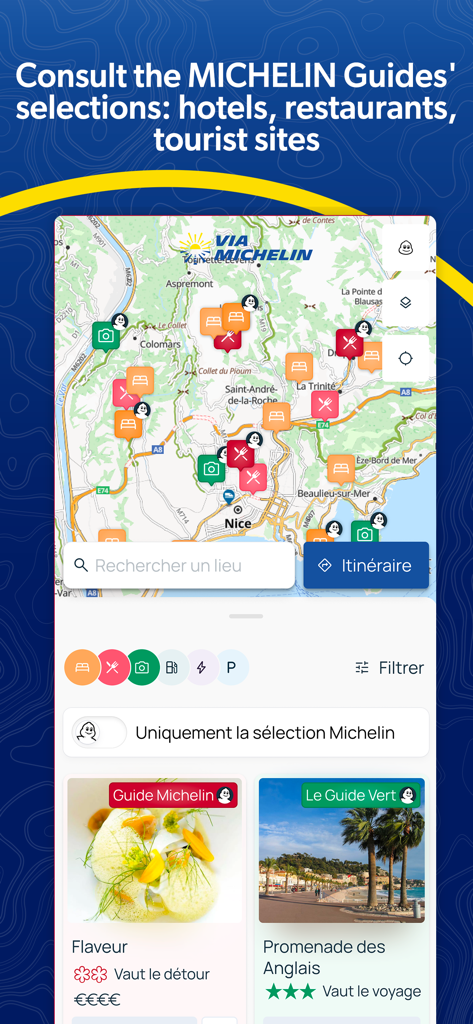 ViaMichelin app map interface showing Michelin Guide hotel and restaurant recommendations near Nice