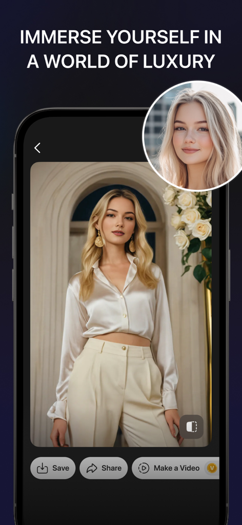 Vity: AI Video & Photo Maker - A woman's portrait transformed into a high-end luxury lifestyle photo using the Vity AI app