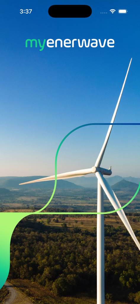 myEnerwave - myEnerwave app splash screen featuring a large wind turbine and renewable energy branding