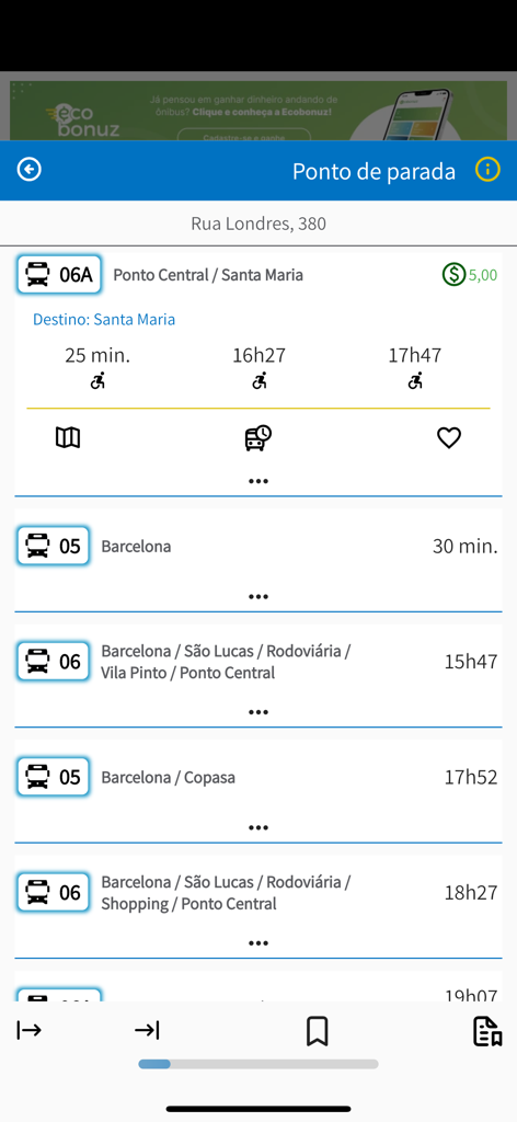 Viação Real - Interface de l'application mobile Viacao Real montrant les horaires des bus en temps réel et les détails des itinéraires
