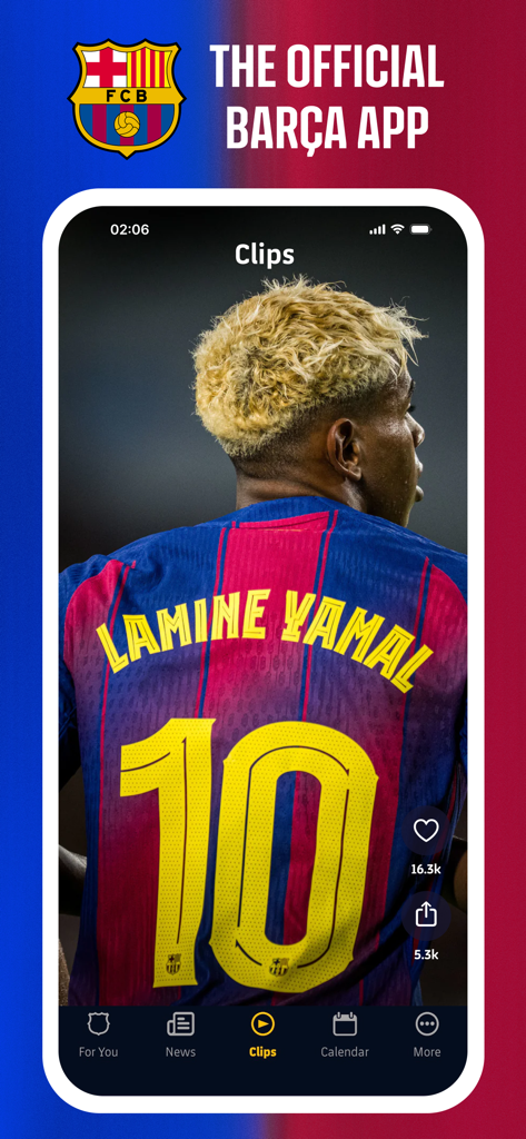 FC Barcelona app clips section showing a vertical video of Lamine Yamal