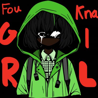 little anime girl in a raincoat her hair is covering her eyes she has a lighter