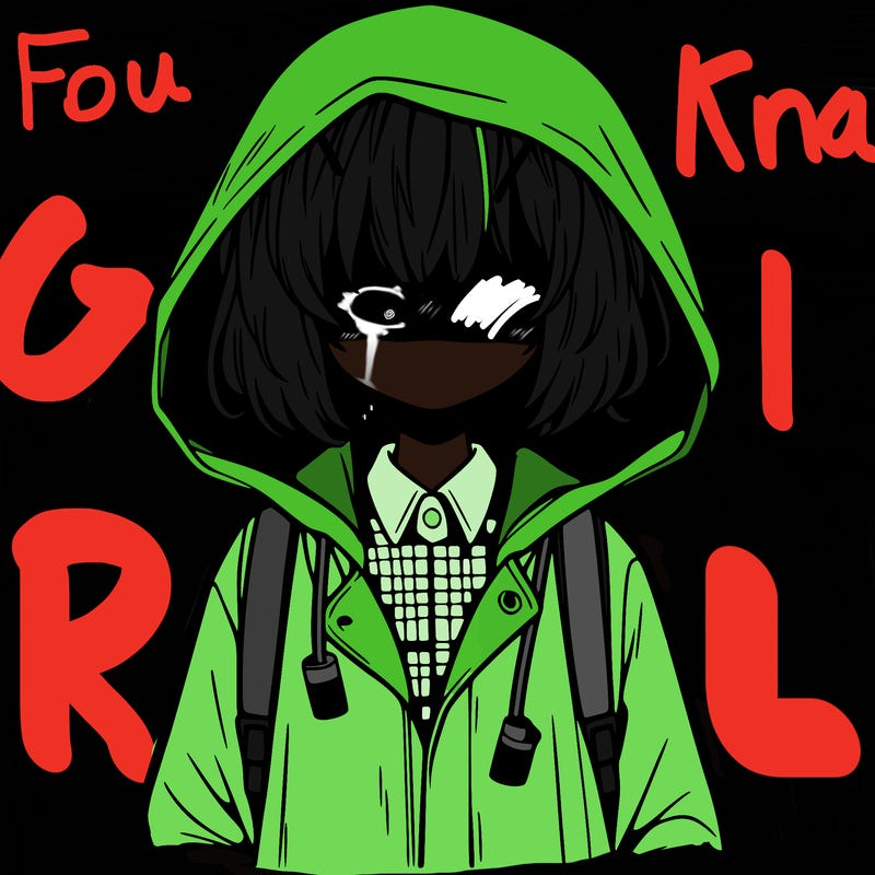 little anime girl in a raincoat her hair is covering her eyes she has a lighter