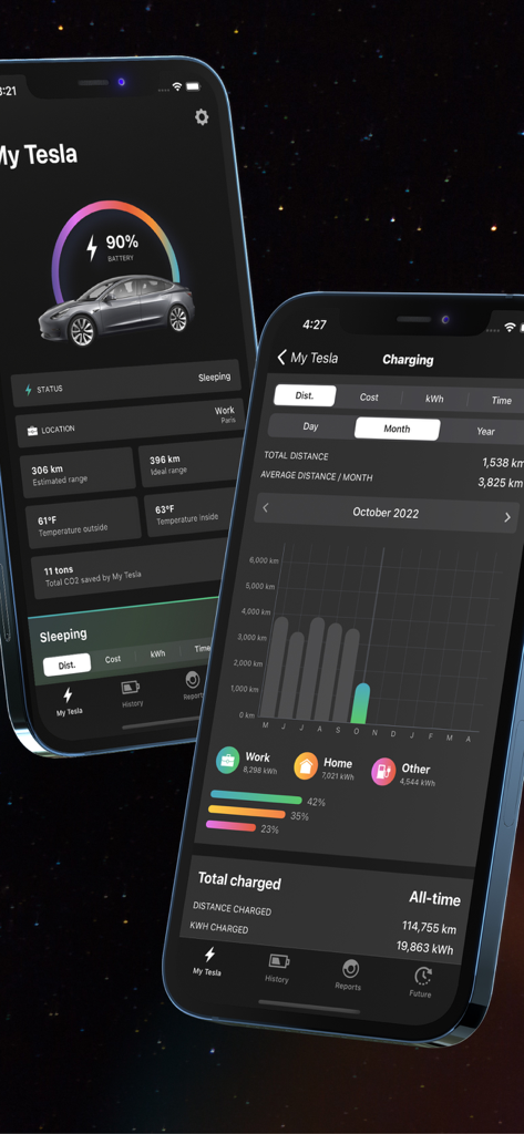 EEVEE - Track charging costs - EEVEE app interface displaying electric vehicle charging costs and battery status analytics