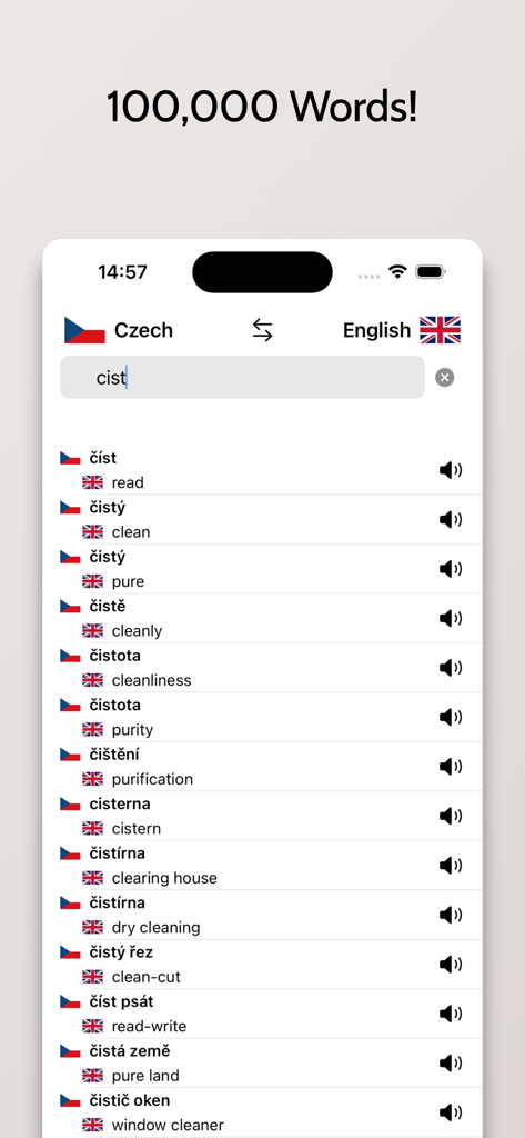 Interface de l'application de dictionnaire tchèque-anglais montrant une liste de mots traduits et des icônes de prononciation.