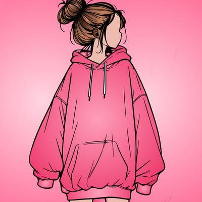 realistic girl with a oversized sweatshirt on and a bun