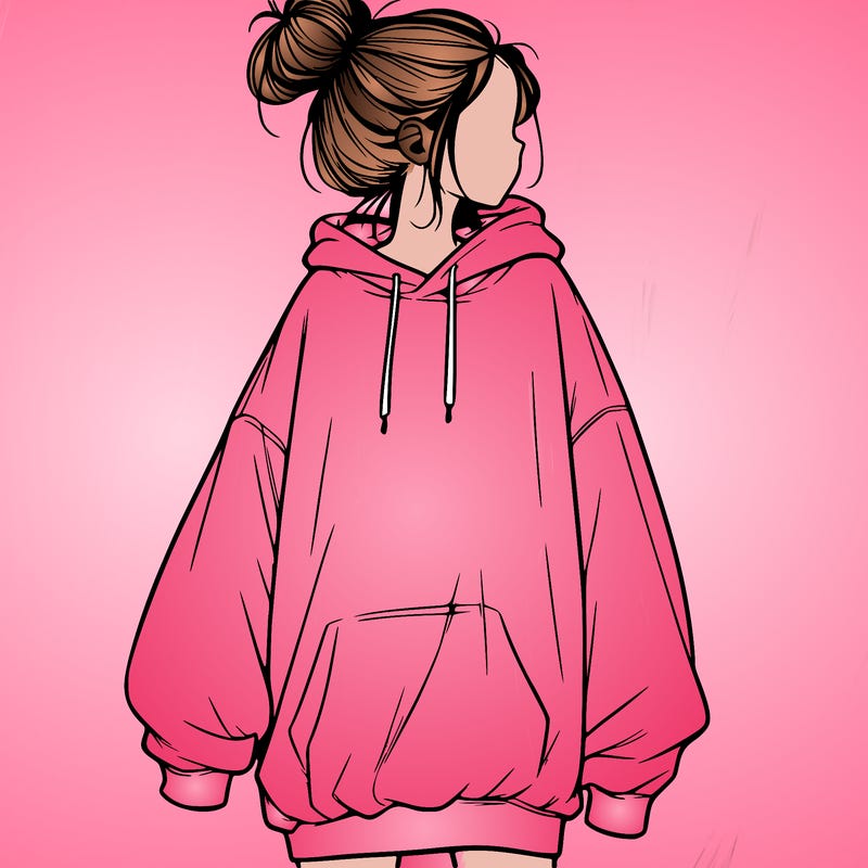 realistic girl with a oversized sweatshirt on and a bun