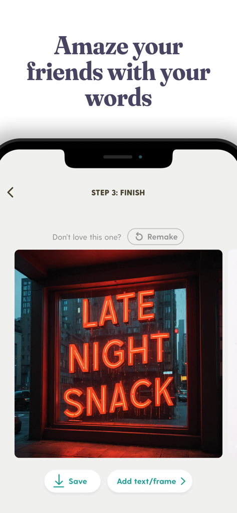 Interface de l'application Word Swag montrant un graphique fini d'une enseigne au néon rouge disant "late night snack"