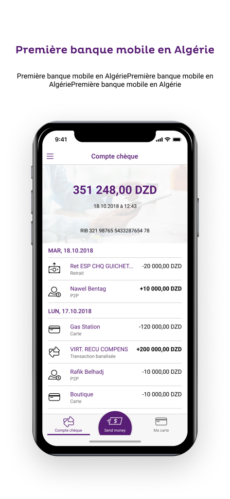 Banxy mobile banking app interface showing checking account balance and recent transactions in DZD