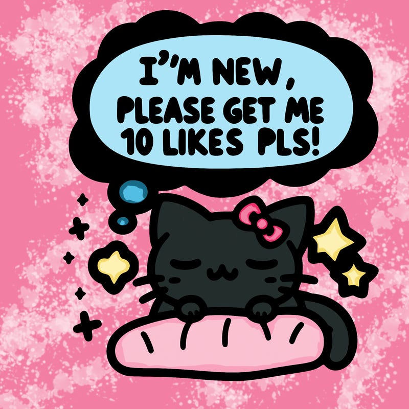 kitty taking a nap dream talking and saying "i'm new, please get me at least 10 likes pls!!"