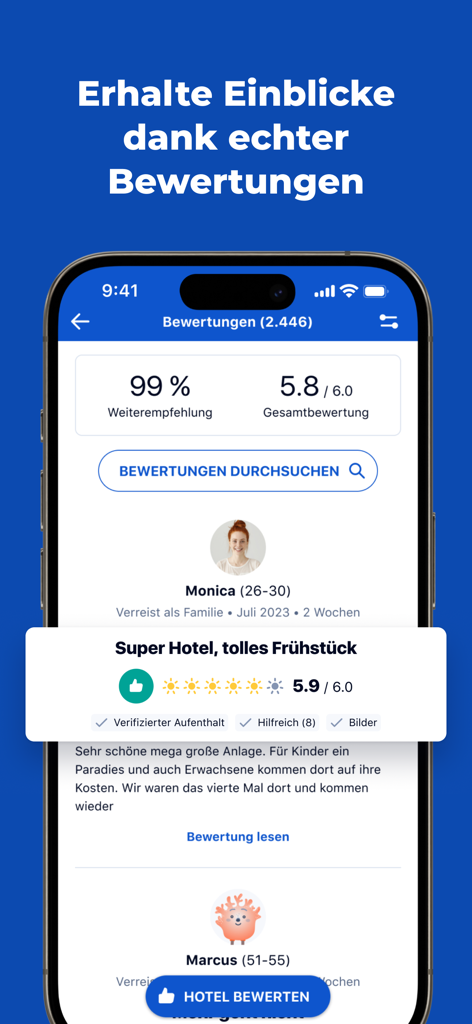 HolidayCheck - Travel & Hotels - Pantalla de la aplicación HolidayCheck que muestra reseñas de hoteles verificadas y una tasa de recomendación del 99 por ciento