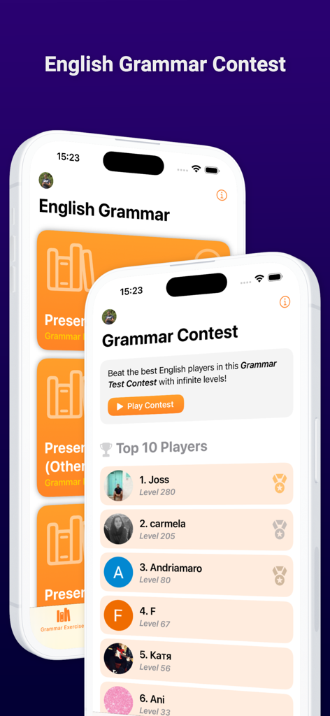 English Grammar Test PRO - A mobile interface showing the English Grammar Contest leaderboard with top players and their achievement levels