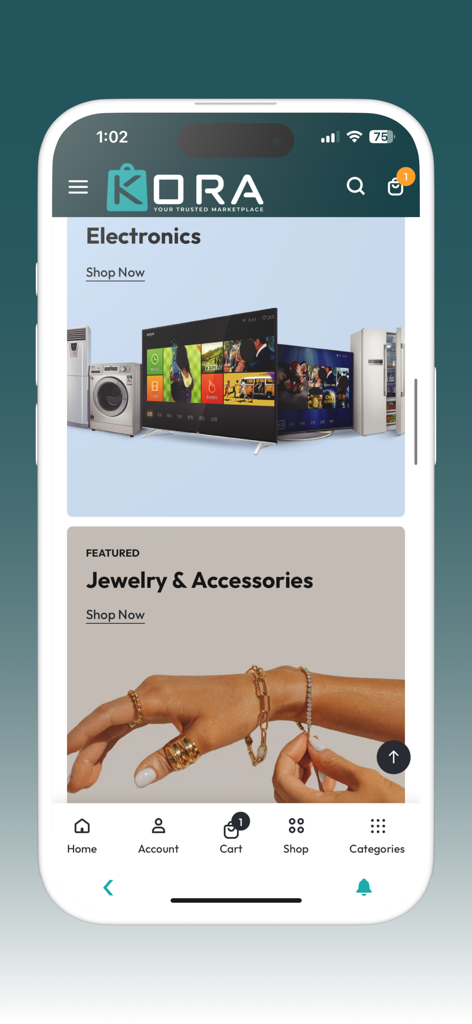 Pantalla de inicio de la aplicación de compras KORA que muestra categorías de electrónica y joyería