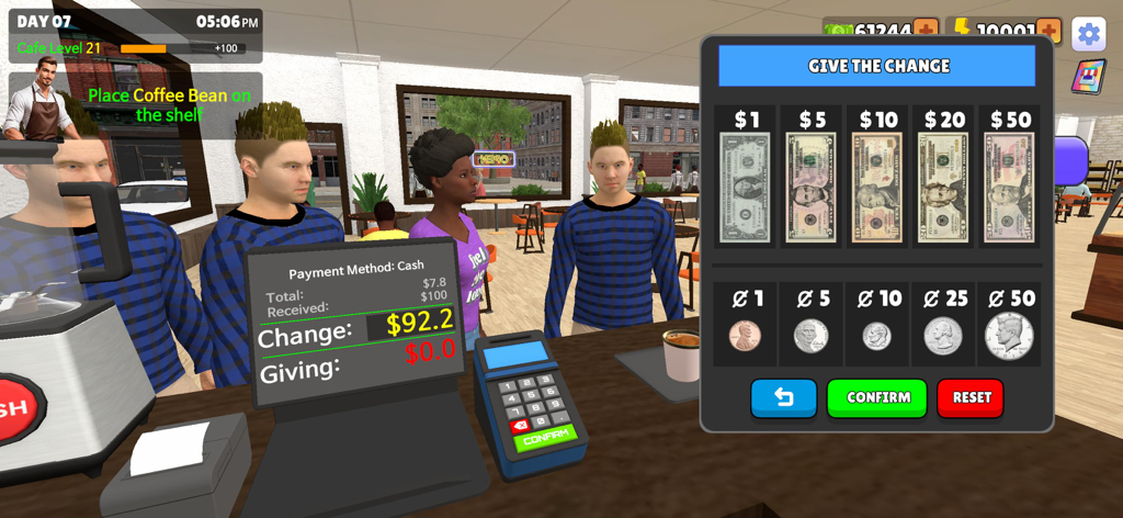 My Cafe Simulator - Uma visão em primeira pessoa do caixa no My Cafe Simulator mostrando um jogador dando troco a um cliente com moeda americana.